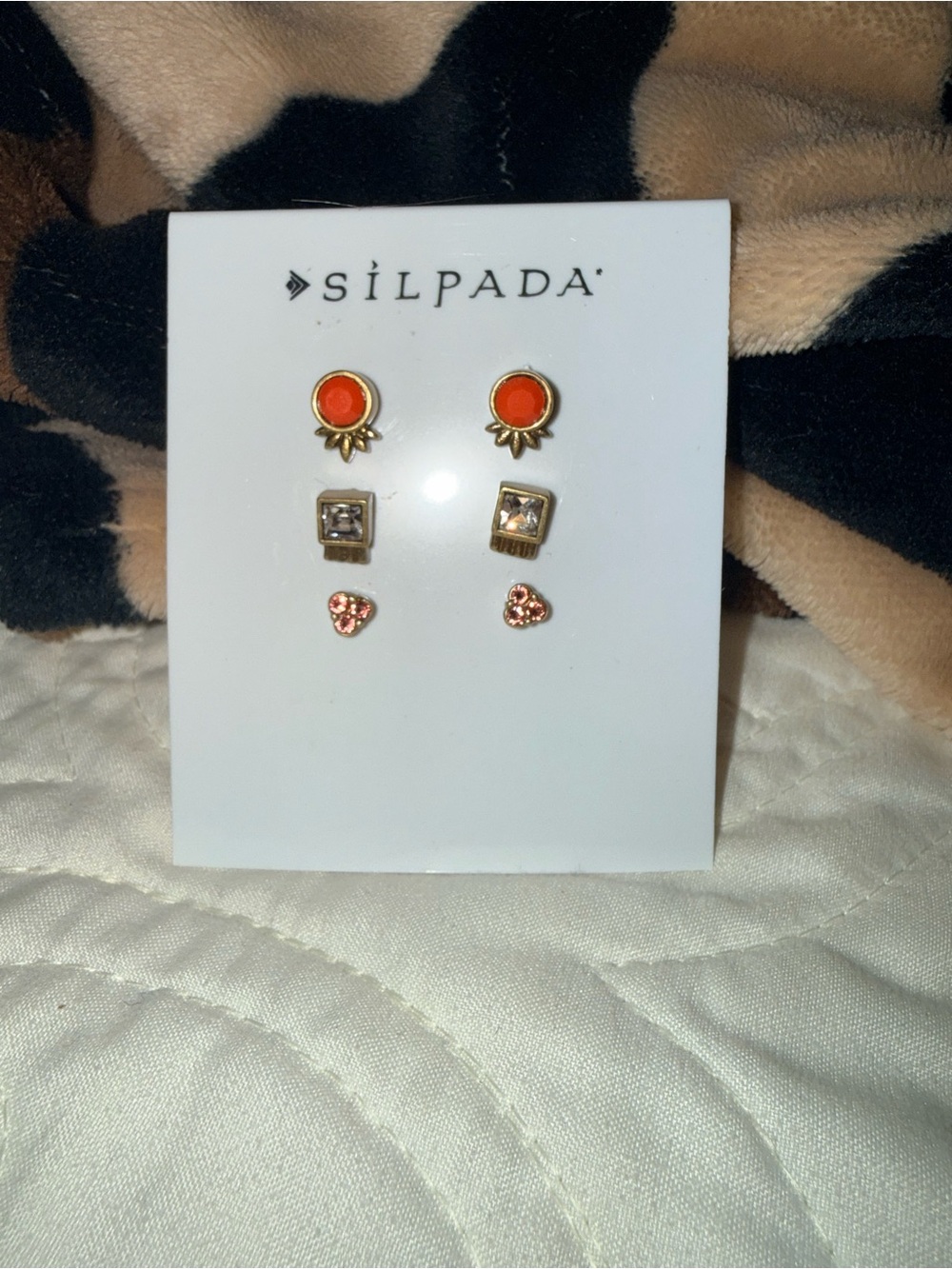 Silpada Gold-Tone Orange Sun, Clear Square & Pink 3 stone Stud Set